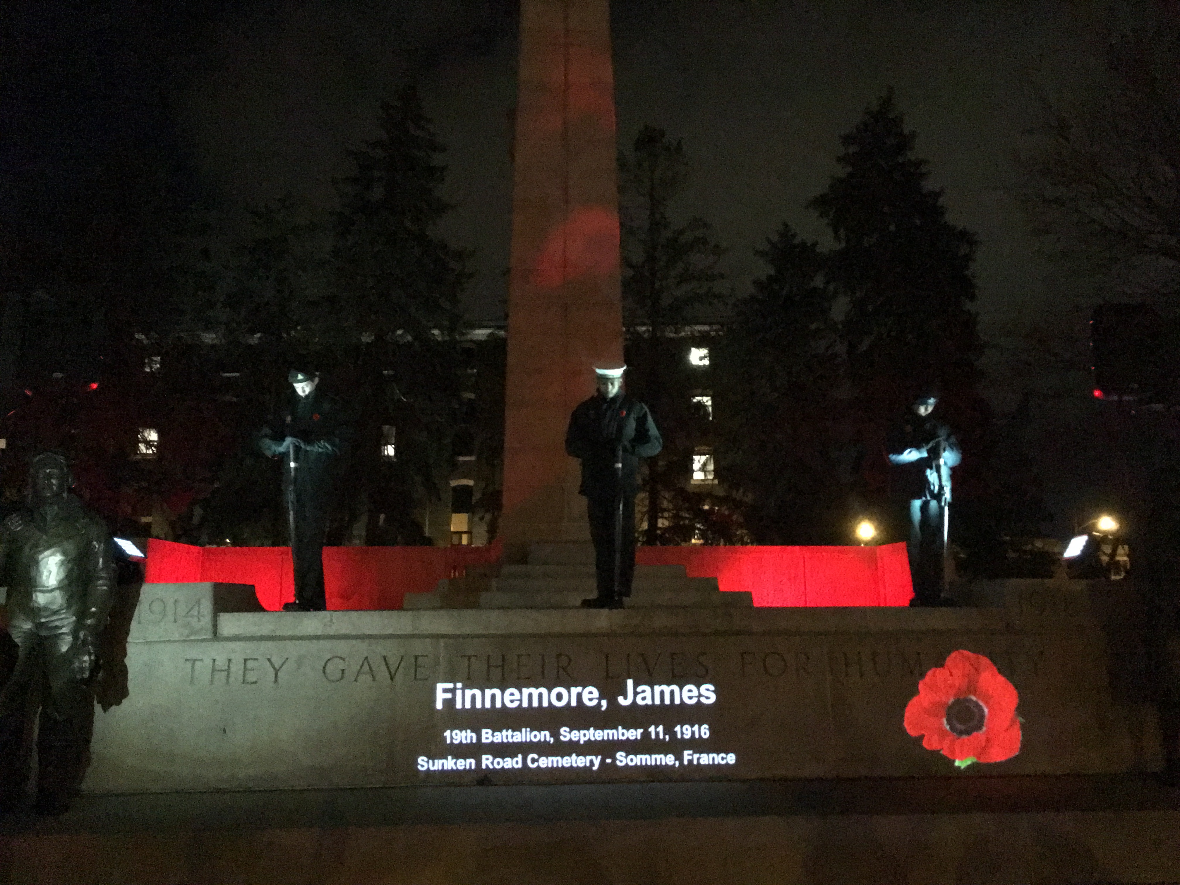 Cenotaph lit up for overnight vigil.